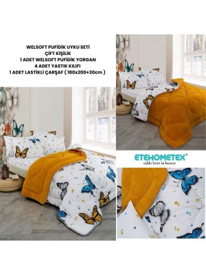 ETE HOMETEX ÇİFT KİŞİLİK WELSOFT UYKU SETİ KELEBEK HARDAL 8696474232028